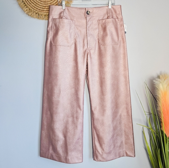 Anthropologie New Maeve Colette Coated Pink Faux Leather Wide Leg Pants SZ 33 - Picture 2 of 11